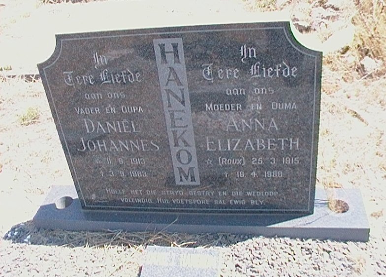 HANEKOM Daniel Johannes 1913-1983 &amp; Anna Elizabeth ROUX 1915-198?