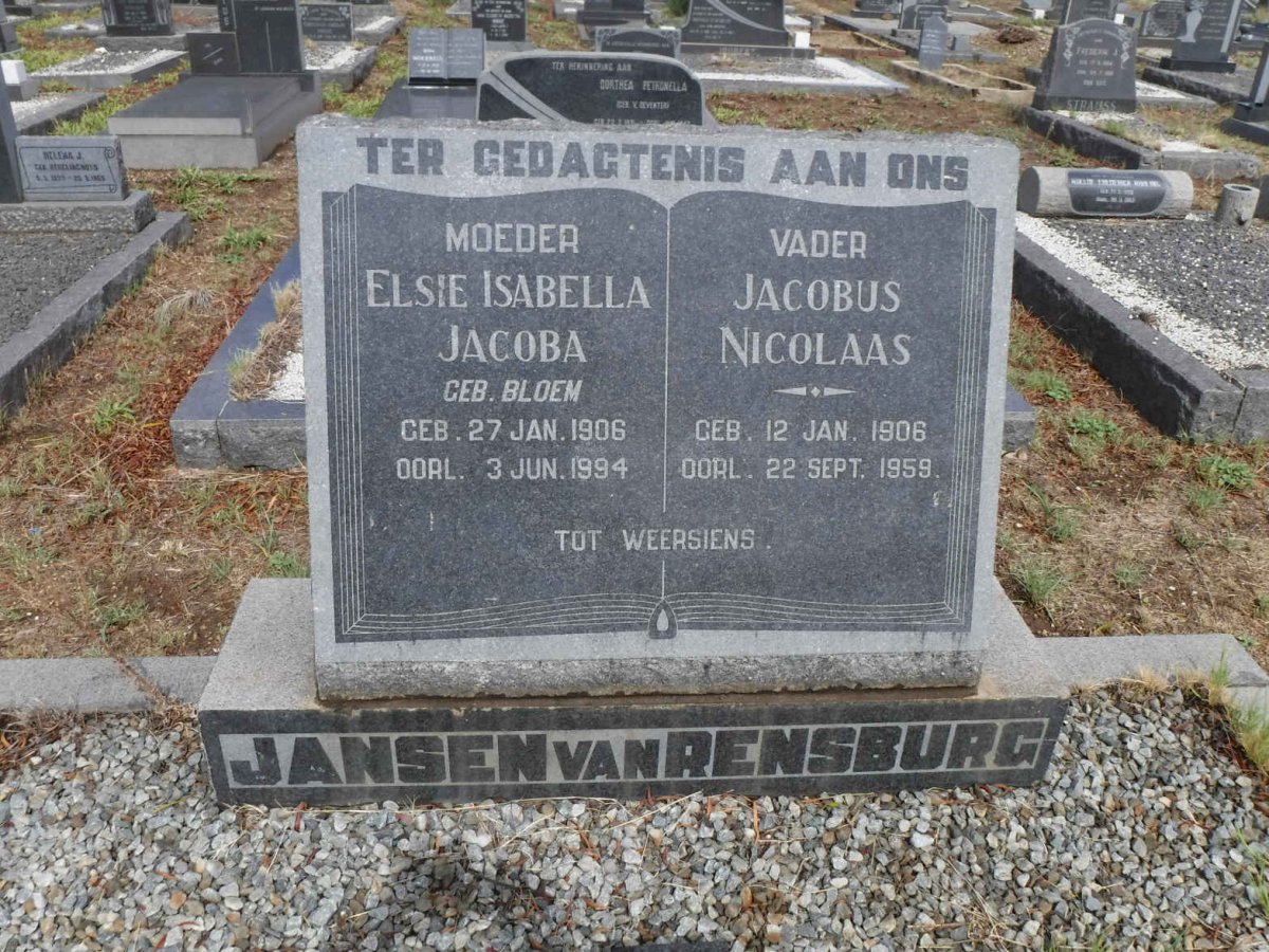RENSBURG Jacobus Nicolaas, Jansen van 1906-1959 &amp; Elsie Isabella Jacoba BLOEM 1906-1994