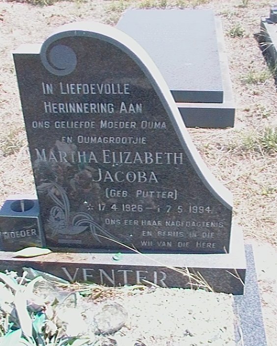 VENTER Martha Elizabeth Jacoba nee PUTTER 1926-1994