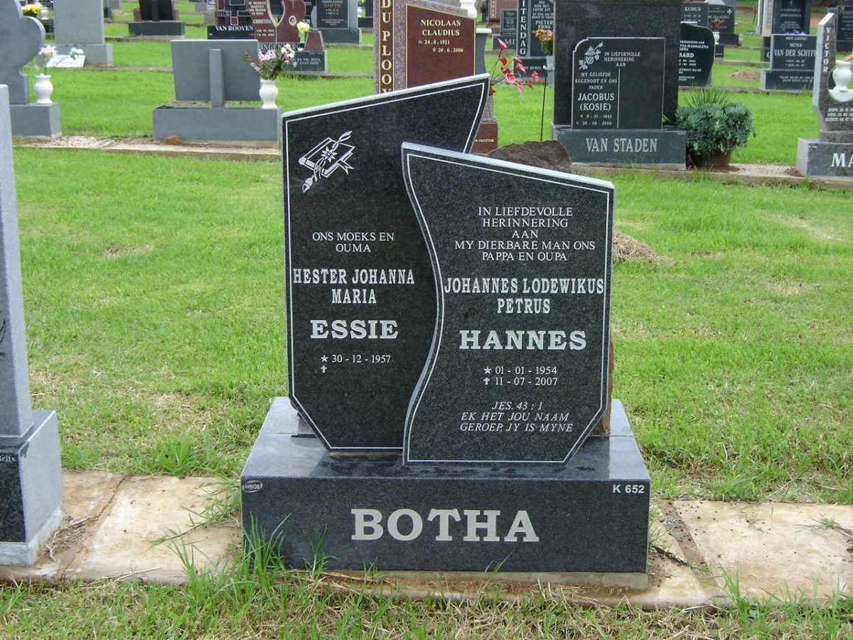 BOTHA Johannes Lodewikus Petrus 1954-2007 &amp; Hester Johanna Maria 1957-