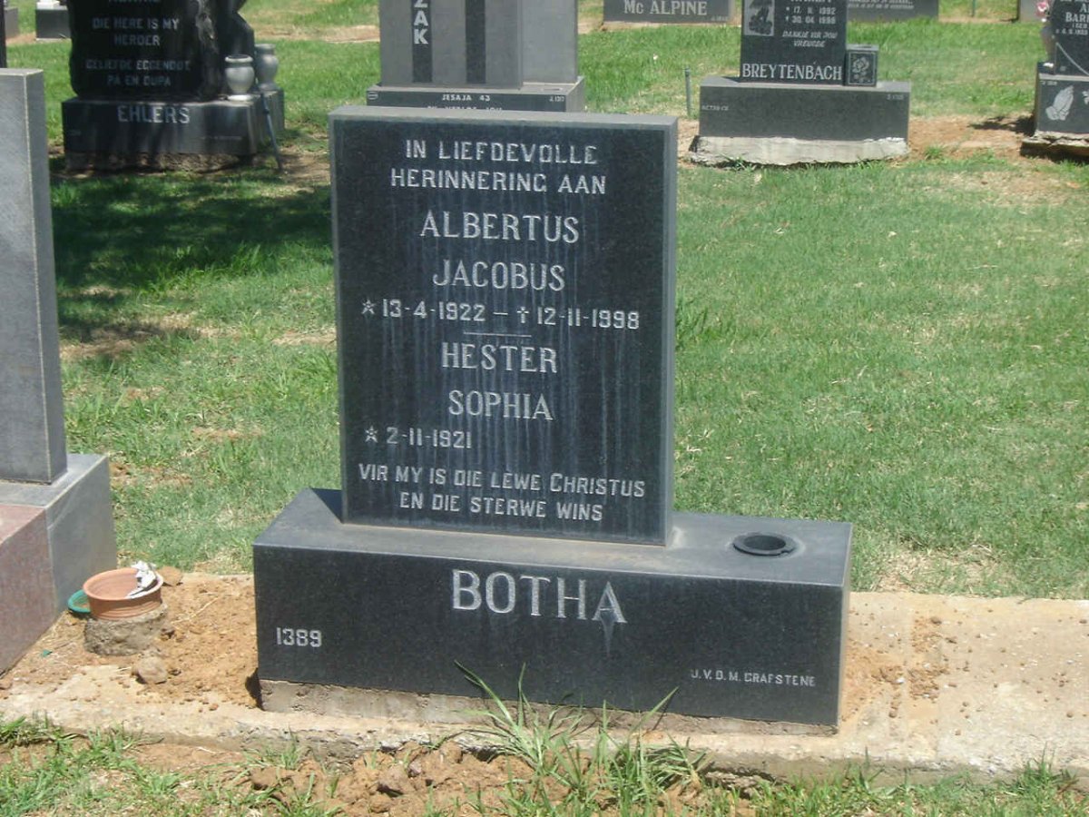 BOTHA Albertus Jacobus 1922-1998 &amp; Hester Sophia 1921-