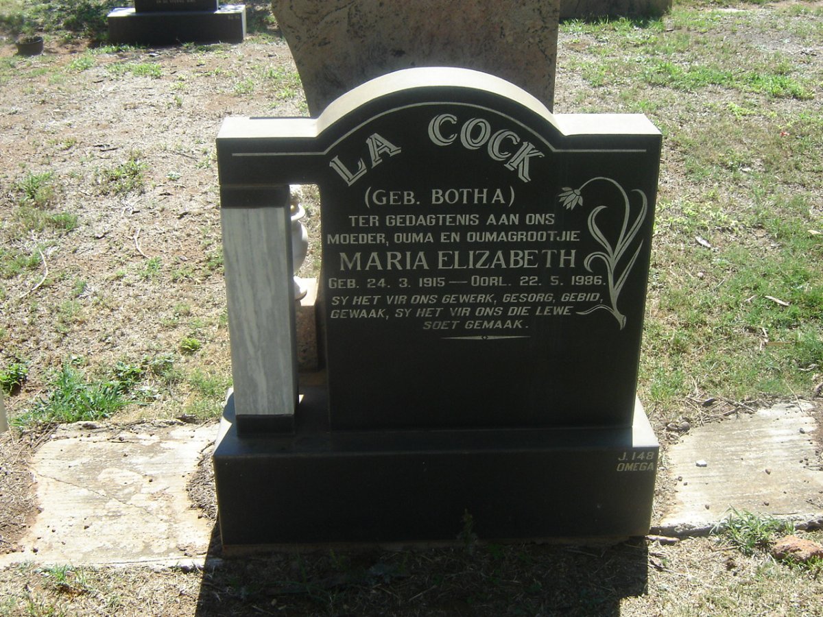 COCK Maria Elizabeth , la nee BOTHA 1915-1986