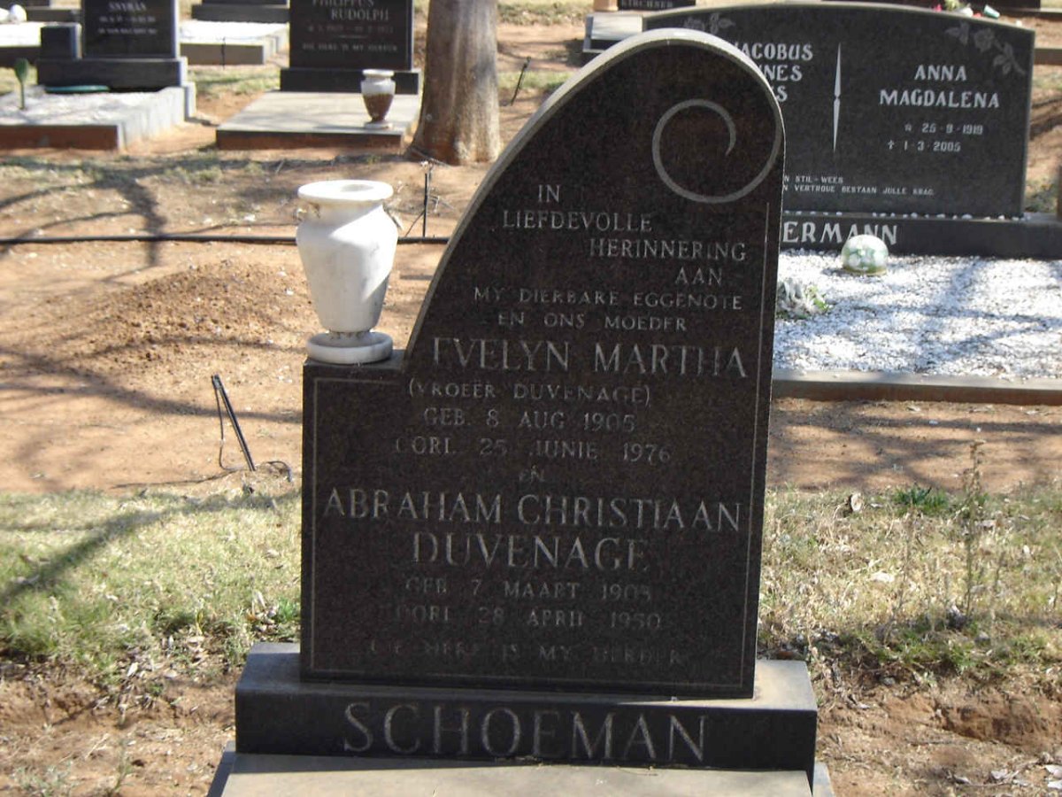 DUVENAGE Abraham Christiaan 1905-1950 :: SCHOEMAN Evelyn Martha voorheen DUVENAGE 1905-1976 