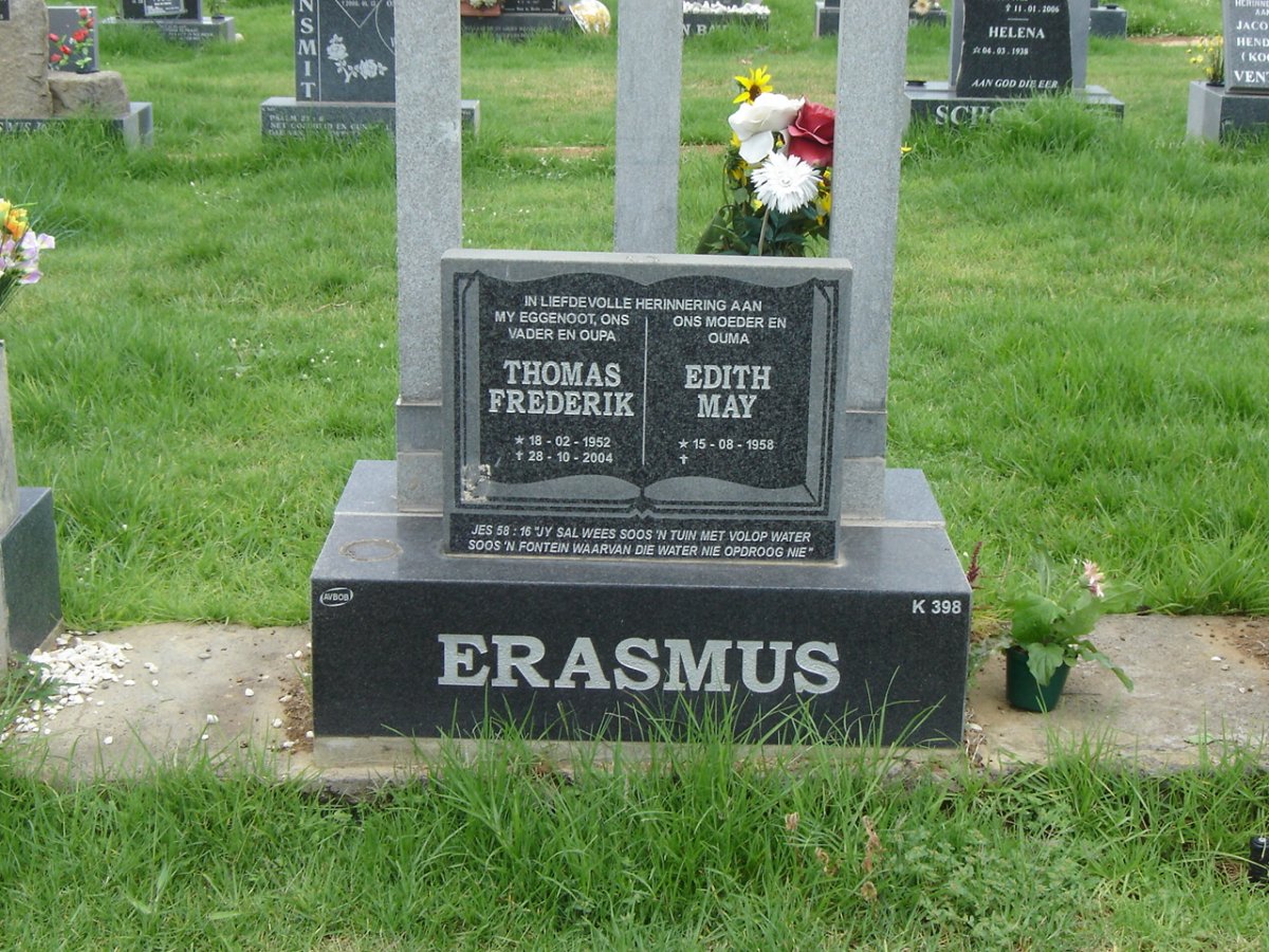 ERASMUS Thomas Frederik 1952-2004 &amp; Edith May 1958-
