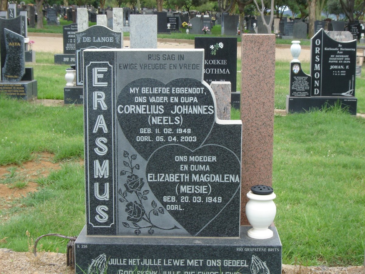 ERASMUS Cornelius Johannes 1948-2003 &amp; Elizabeth Magdalena 1949-