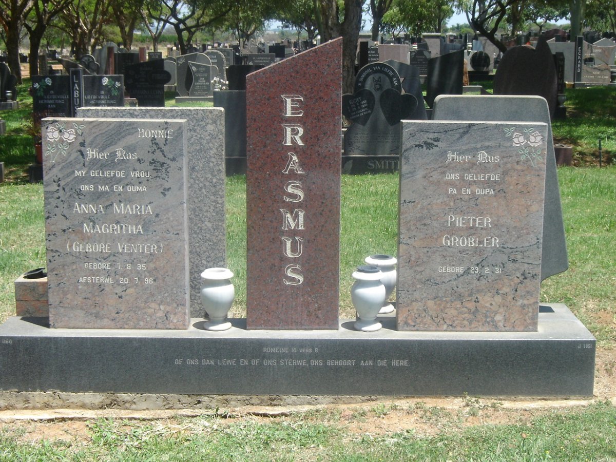 ERASMUS Pieter Grobler 1931- &amp; Anna Maria Magritha VENTER 1935-1996