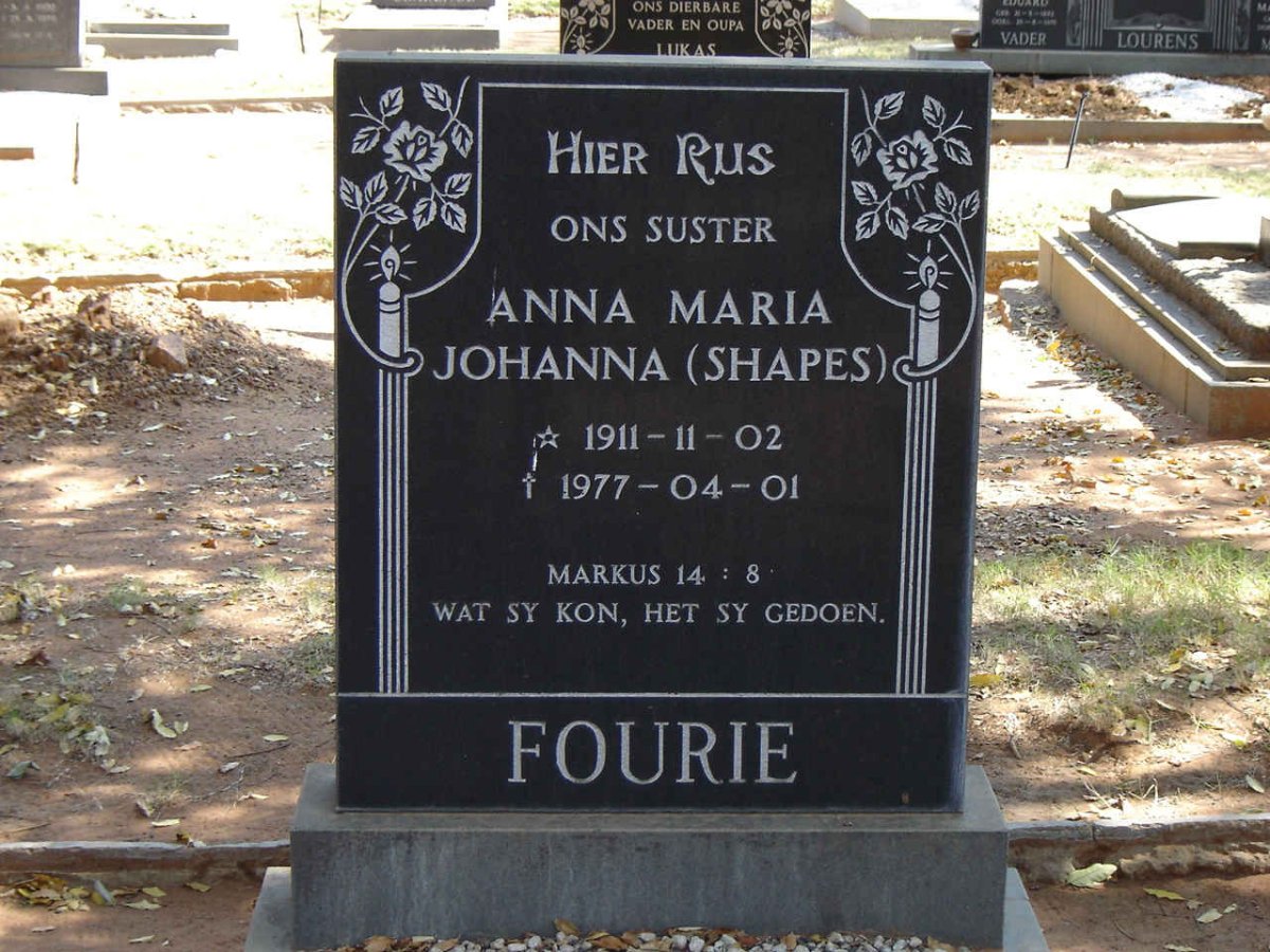 FOURIE Anna Maria Johanna nee SHAPES 1911-1977