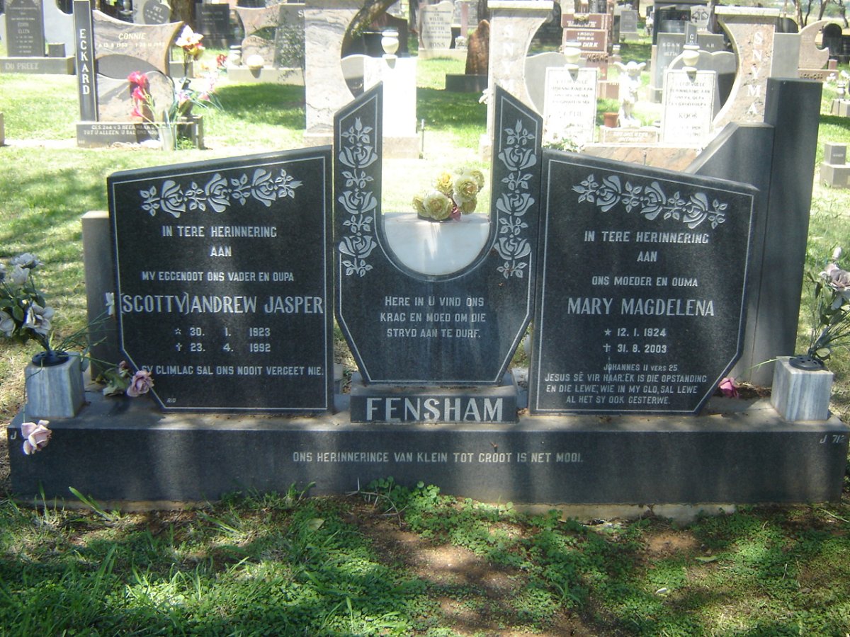 FENSHAM Andrew Jasper 1923-1992 &amp; Mary Magdelena 1924-2003