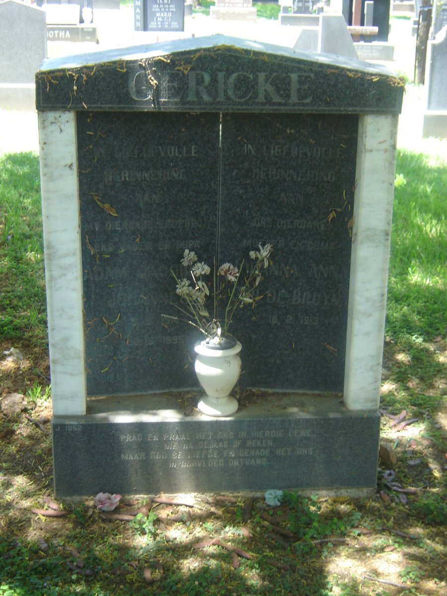 GERICKE Adam Jacob Johannes -1995 &amp; Johanna Anna DE BRUYN 1913-