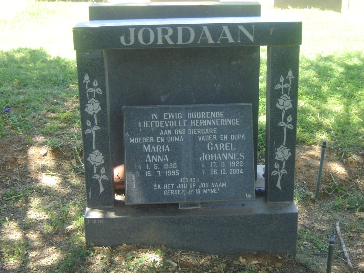 JORDAAN Carel Johannes 1922-2004 &amp; Maria Anna 1930-1995