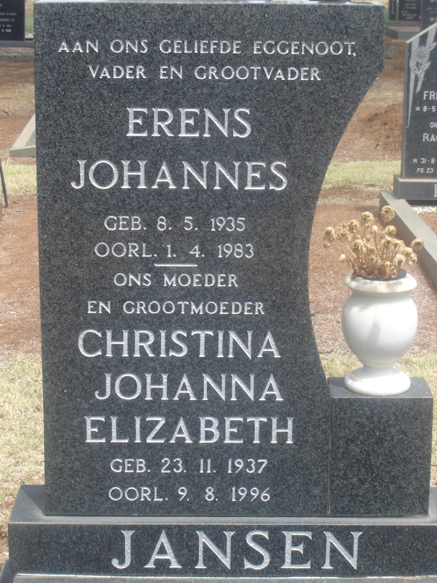 JANSEN Erens Johannes 1935-1983 &amp; Christina Johanna Elizabeth 1937-1996