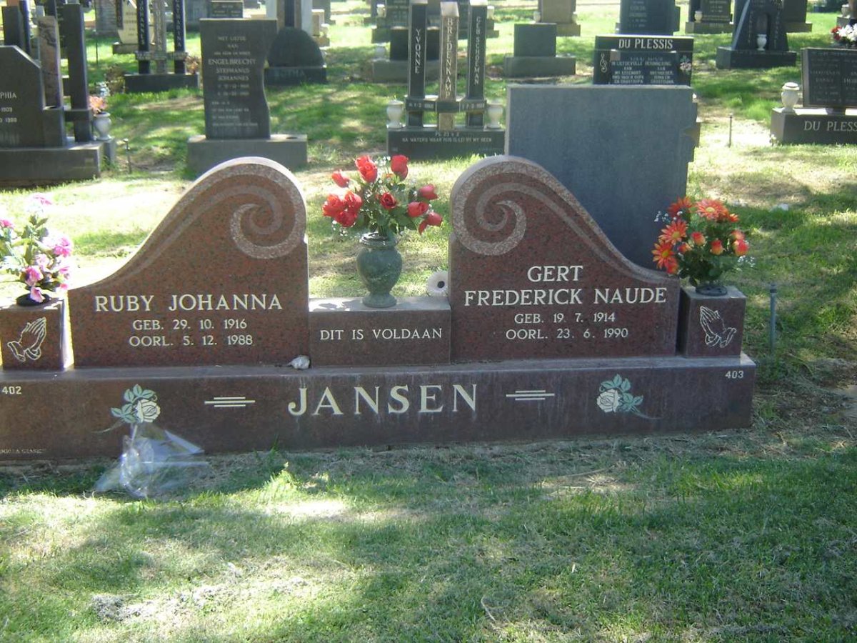 JANSEN Gert Frederick Naude 1914-1990 &amp; Ruby Johanna 1916-1988