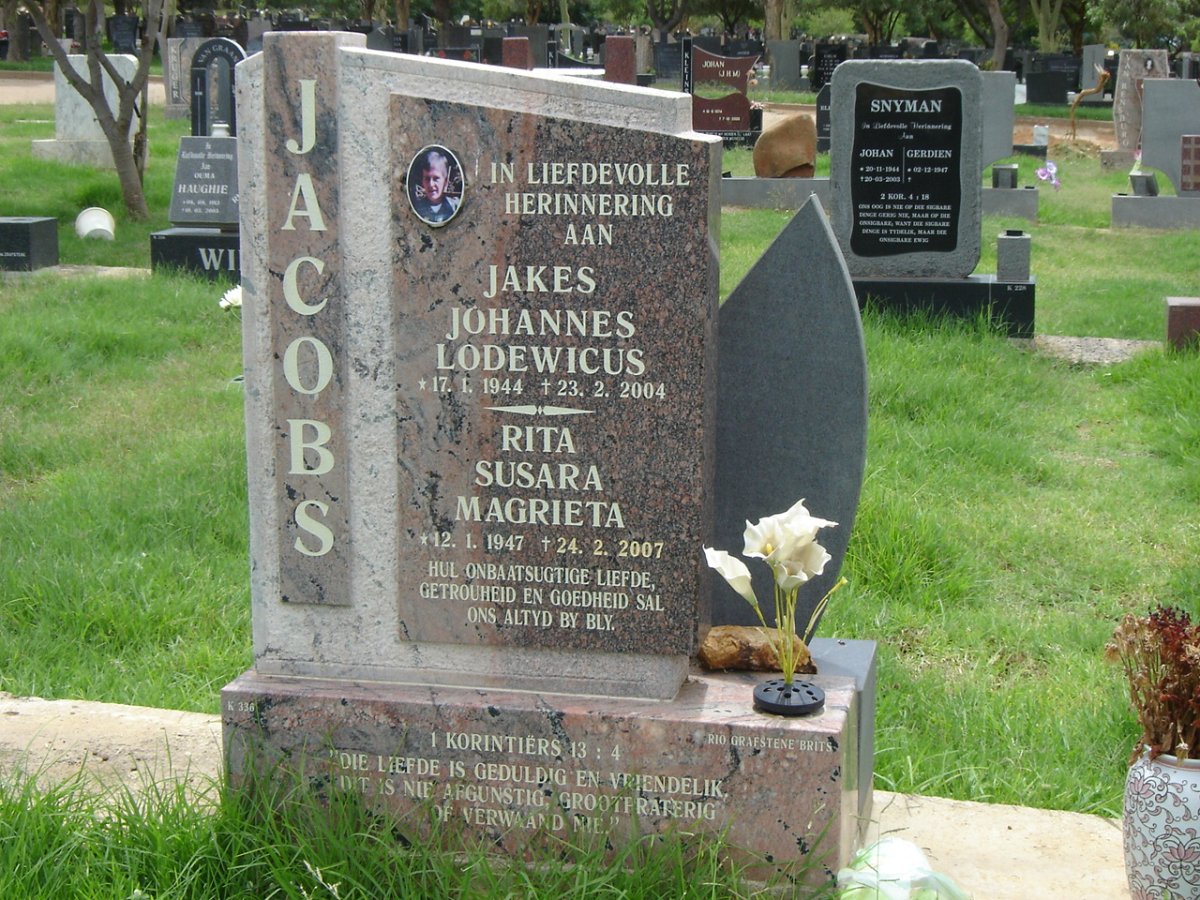 JACOBS Jakes Johannes Lodewicus 1944-2004 &amp; Rita Susara Magrieta 1947-2007