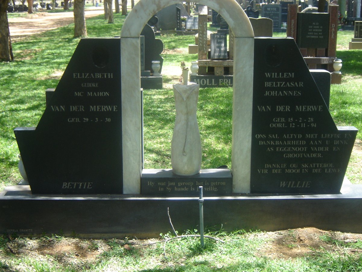 MERWE Willem Beltzasar Johannes, van der 1928-1994 &amp; Elizabeth McMAHON 1930-