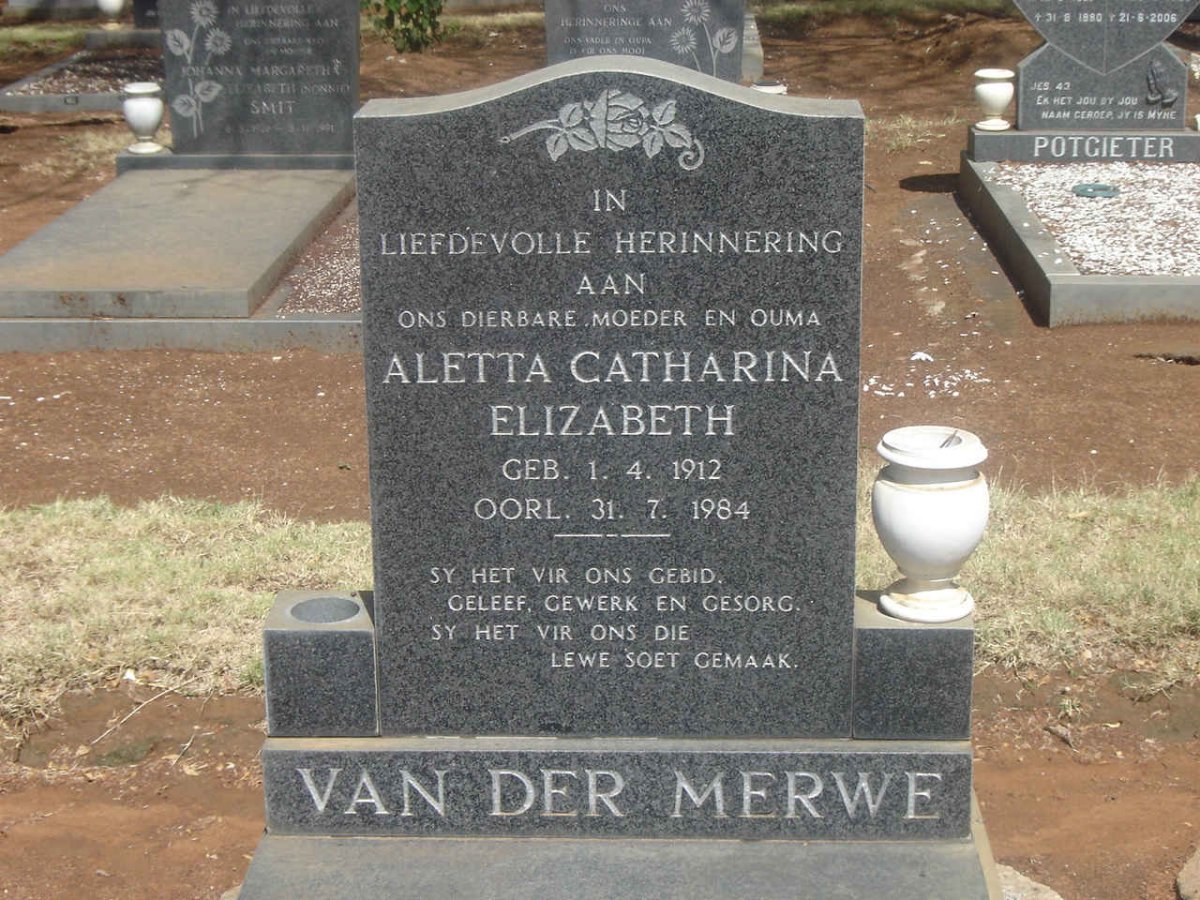 MERWE Aletta Catharina Elizabeth, van der 1912-1984