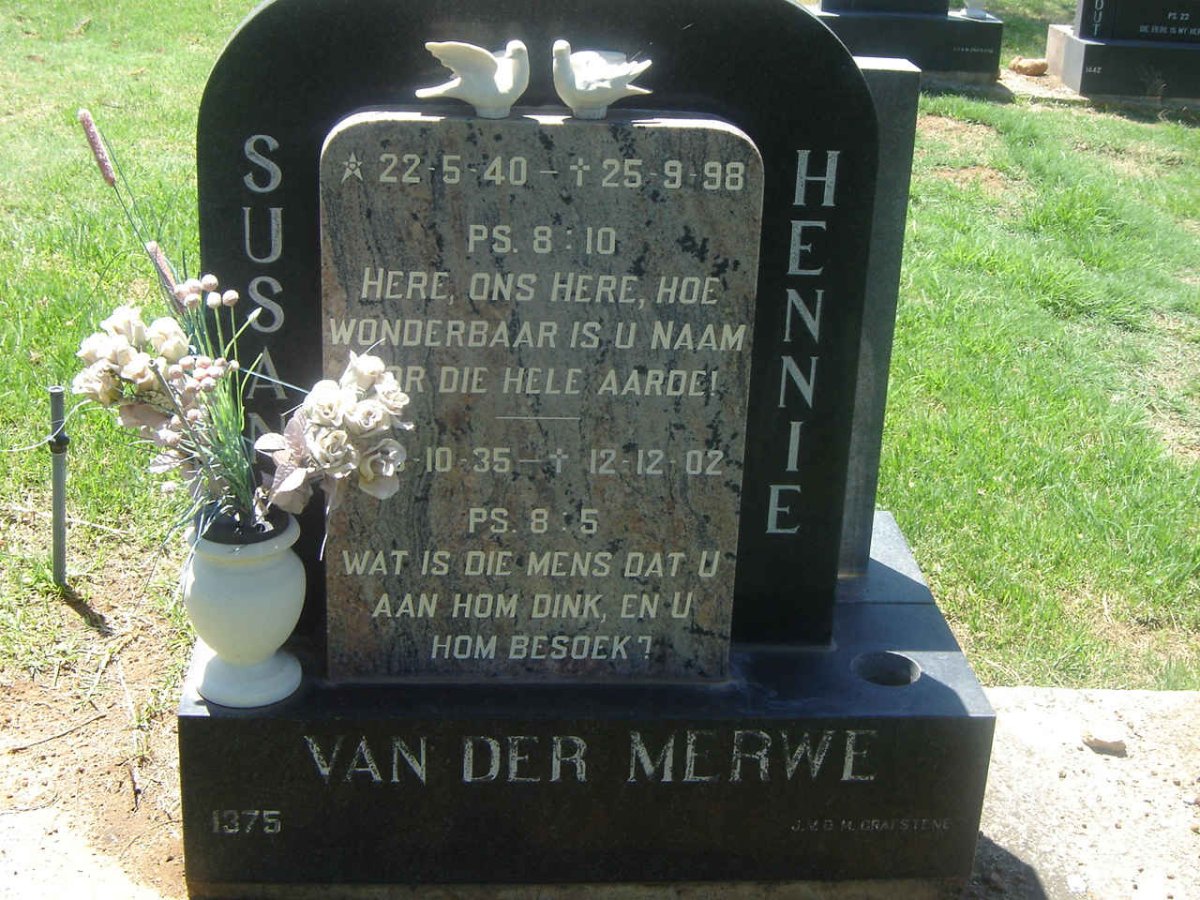 MERWE Hennie, van der 1935-2002 &amp; Susan 1940-1998