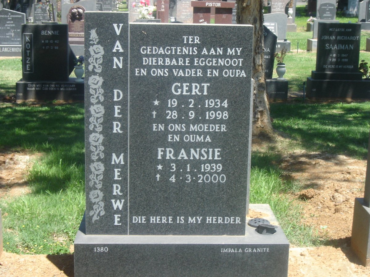 MERWE Gert, van der 1934-1998 &amp; Fransie 1939-2000