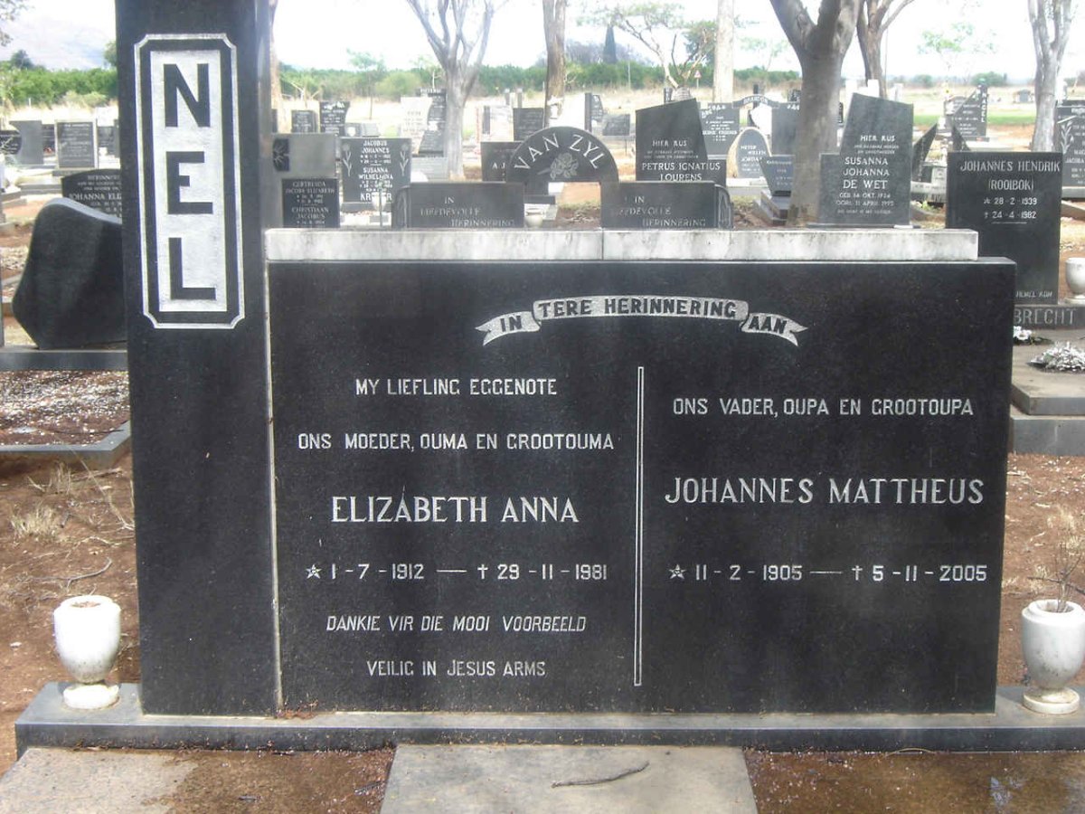 NEL Johannes Mattheus 1905-2005 &amp; Elizabeth Anna 1912-1981