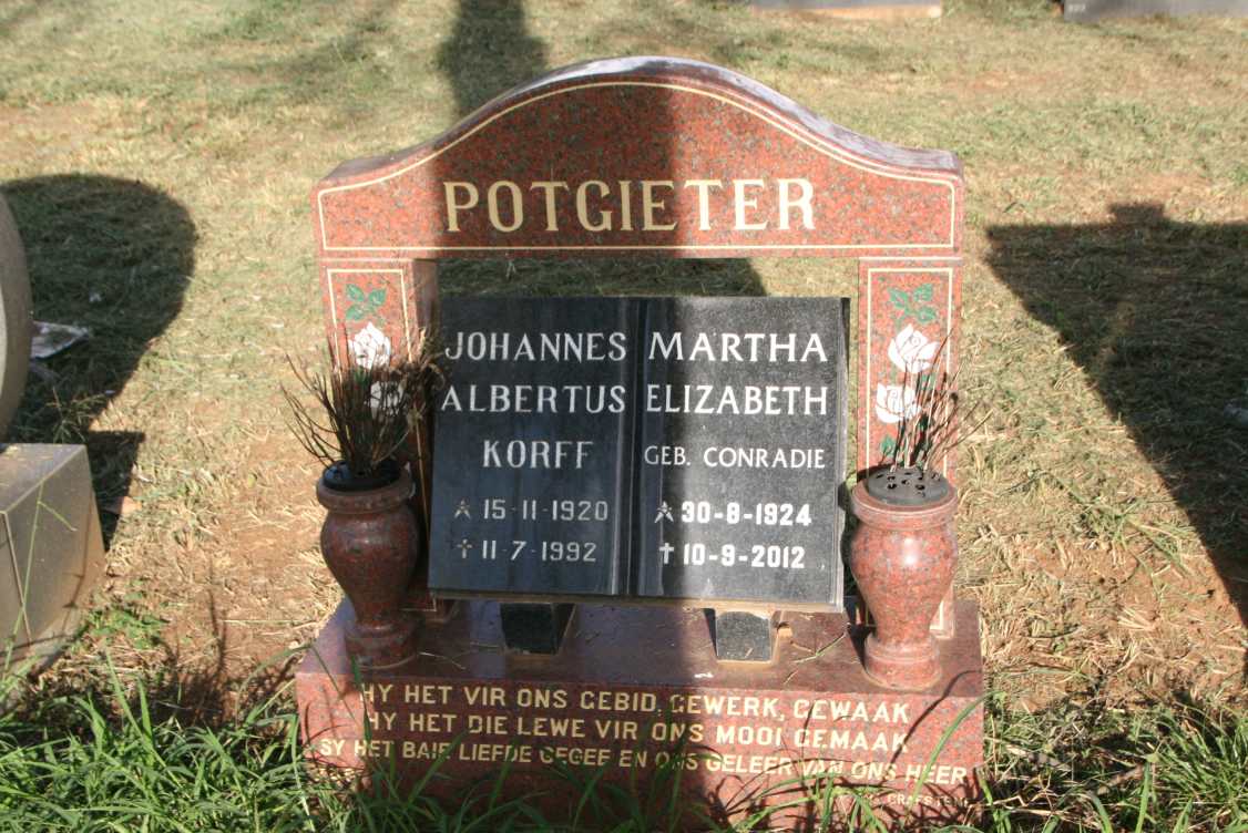POTGIETER Johannes Albertus Korff 1920-1992 & Martha Elizabeth CONRADIE 1924-2012