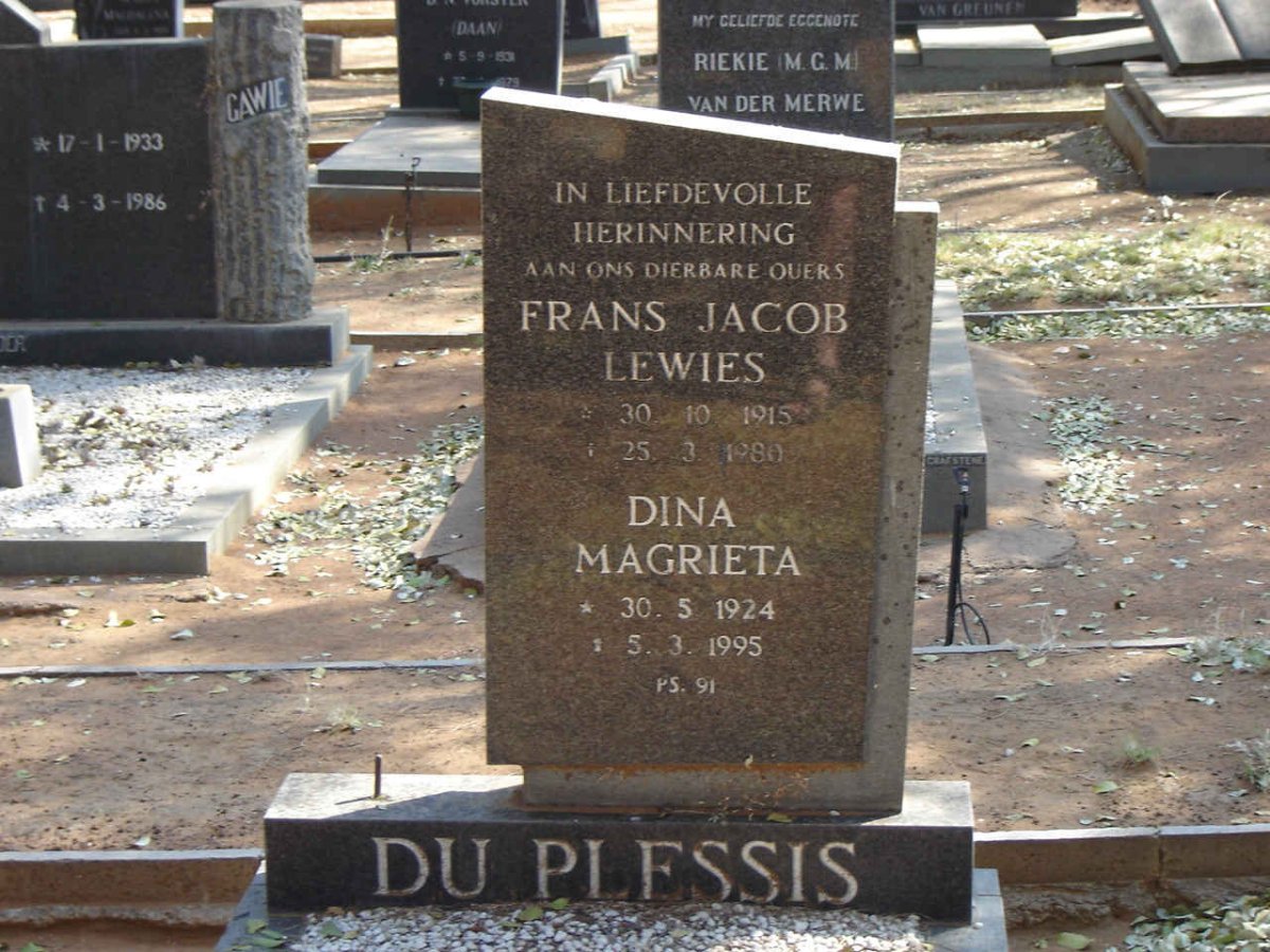 PLESSIS Frans Jacob Lewies, du 1915-1980 & Dina Magrieta 1924-1995