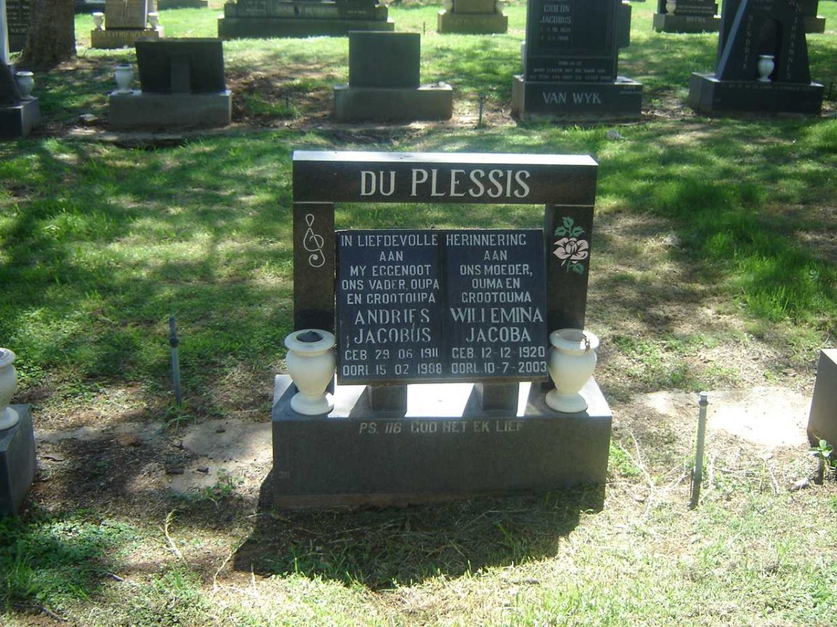 PLESSIS Andries Jacobus, du 1911-1988 &amp; Willemina Jacoba 1920-2003