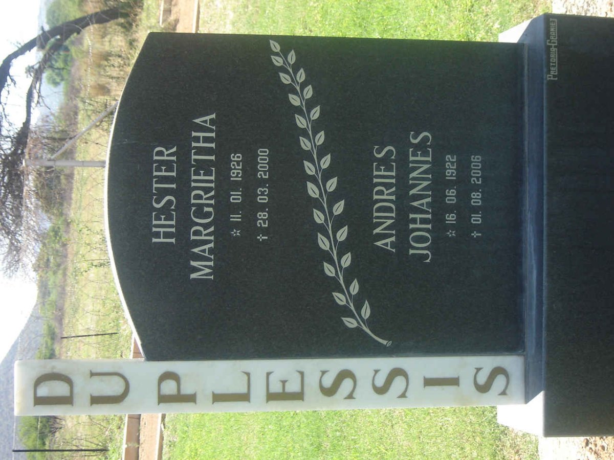PLESSIS Andries Johannes, du 1922-200 &amp; Hester Margarietha 1926-2000