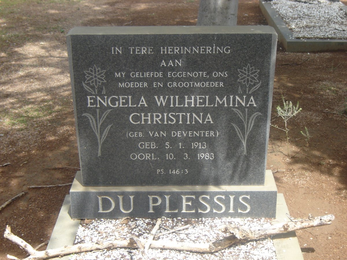 PLESSIS Engela Wilhelmina Christina, du nee VAN DEVENTER 1913-1983
