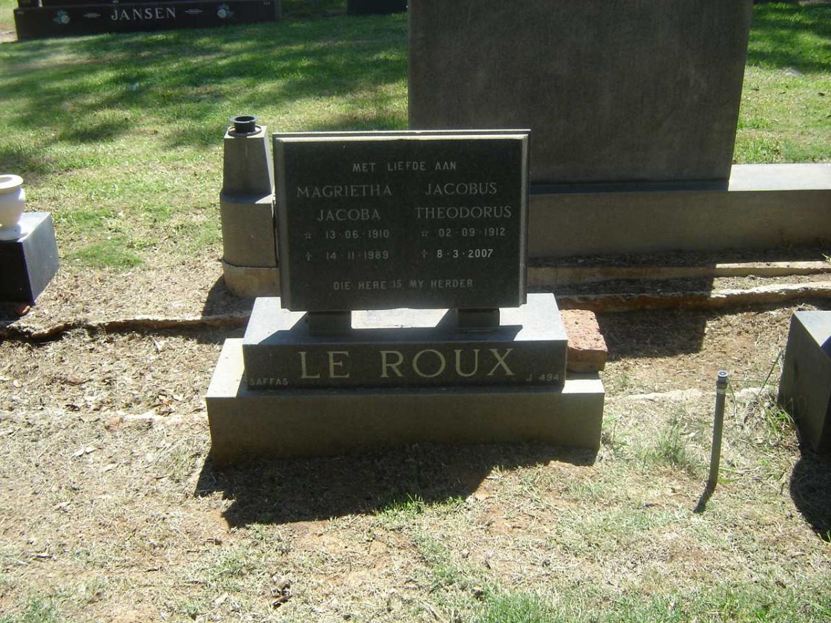 ROUX Jacobus Theodorus, le 1912-2007 &amp; Magrietha Jacoba 1910-1989