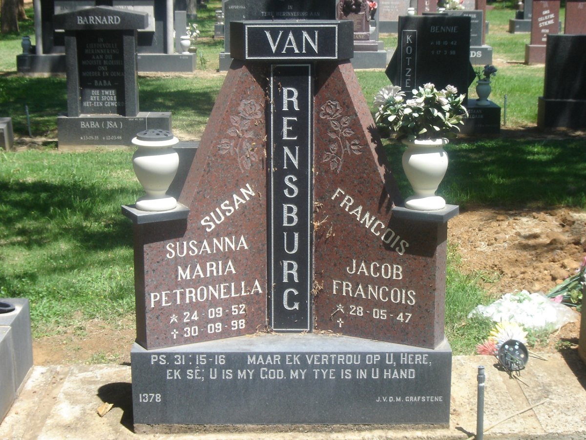 RENSBURG Jacob Francois, van 1947-  &amp; Susanna Maria Petronella 1952-1998