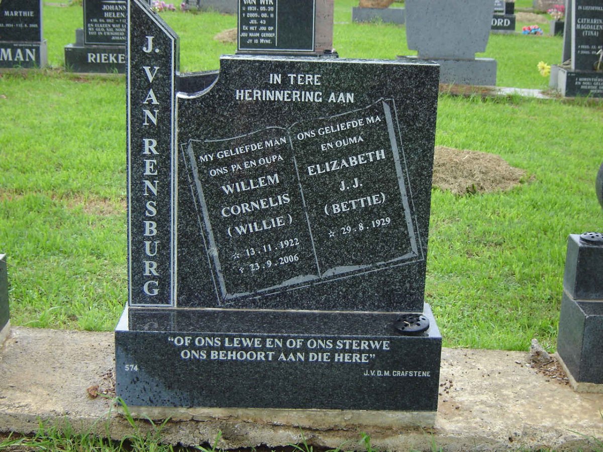 RENSBURG Willem Cornelis, J. van 1922-2006 &amp; Elizabeth J.J. 1929-