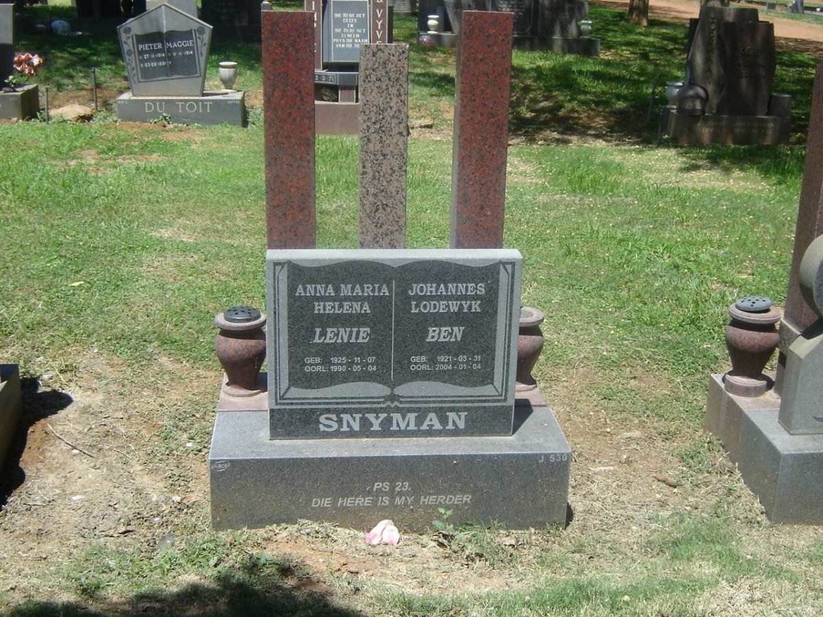 SNYMAN Johannes Lodewyk 1921-2004 &amp; Anna Maria Helena 1925-1990