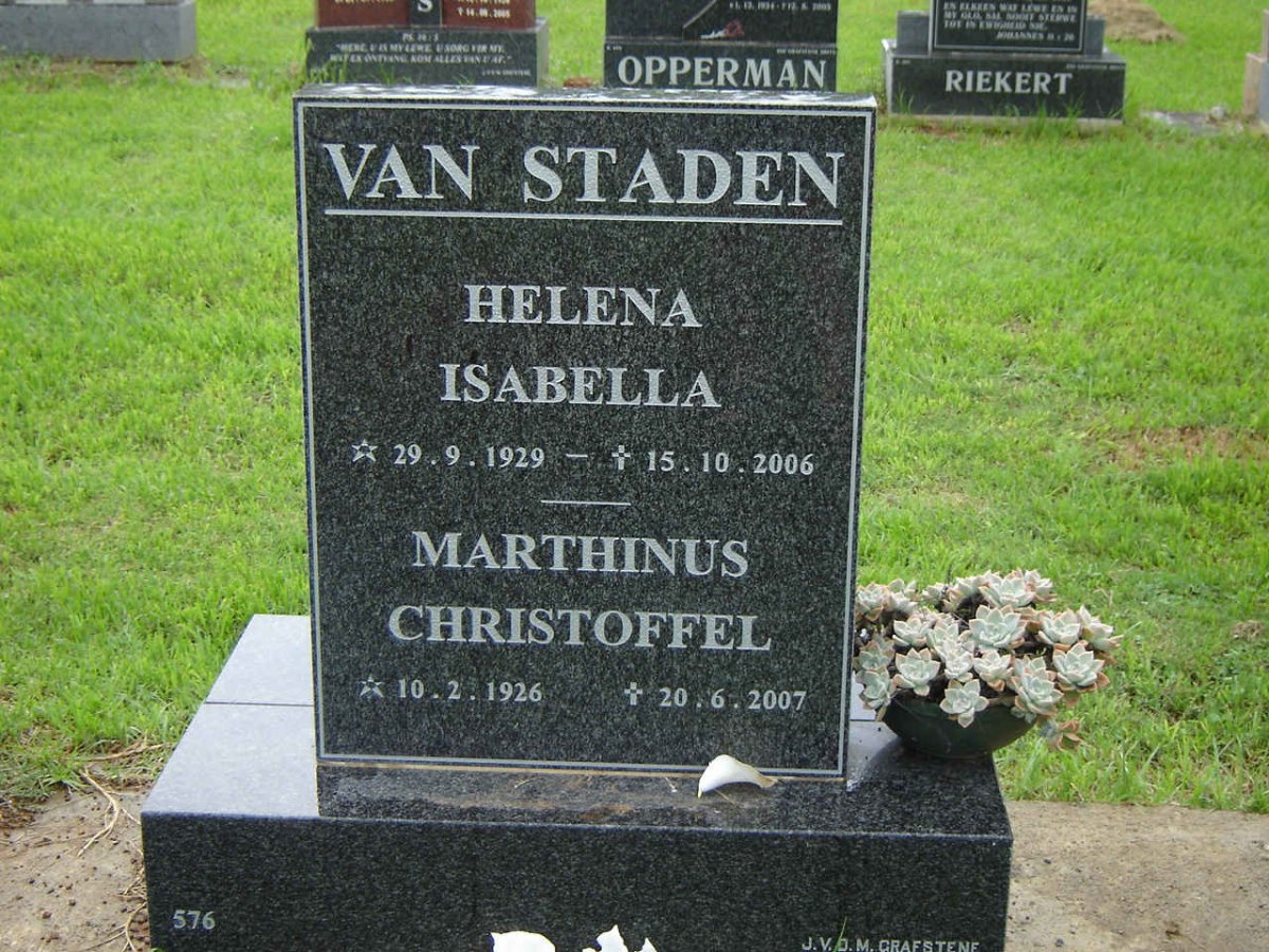 STADEN Marthinus Christoffel, van 1926-2007 &amp; Helena Isabella 1929-2006