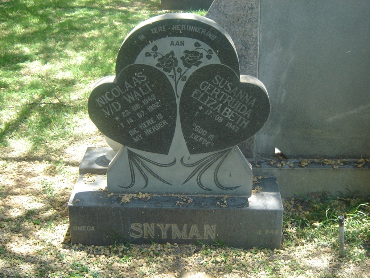 SNYMAN Nicolaas v.d. Walt 1943-1992 &amp; Susanna Gertruida Elizabeth 1947-