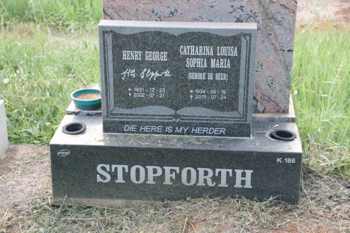 STOPFORTH Henry George 1931-2002 & Catharina Louisa Sophia Maria DE BEER 1934-2015