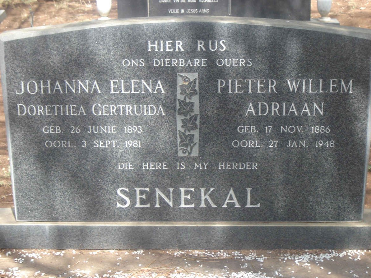 SENEKAL Pieter Willem Adriaan 1886-1946 &amp; Johanna Elena Dorethea Gertruida 1893-1981