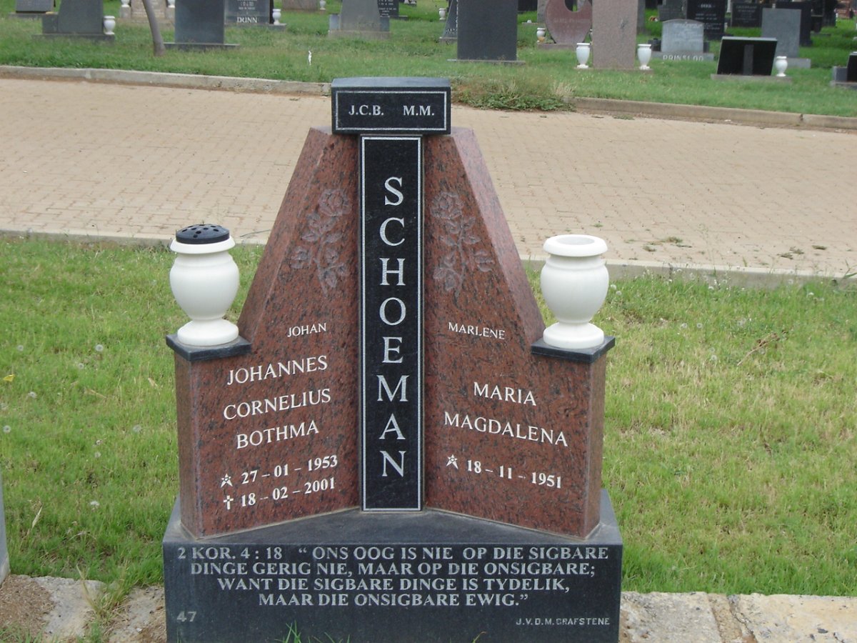 SCHOEMAN Johannes Cornelius Bothma 1953-2001 &amp; Maria Magdalena 1951-