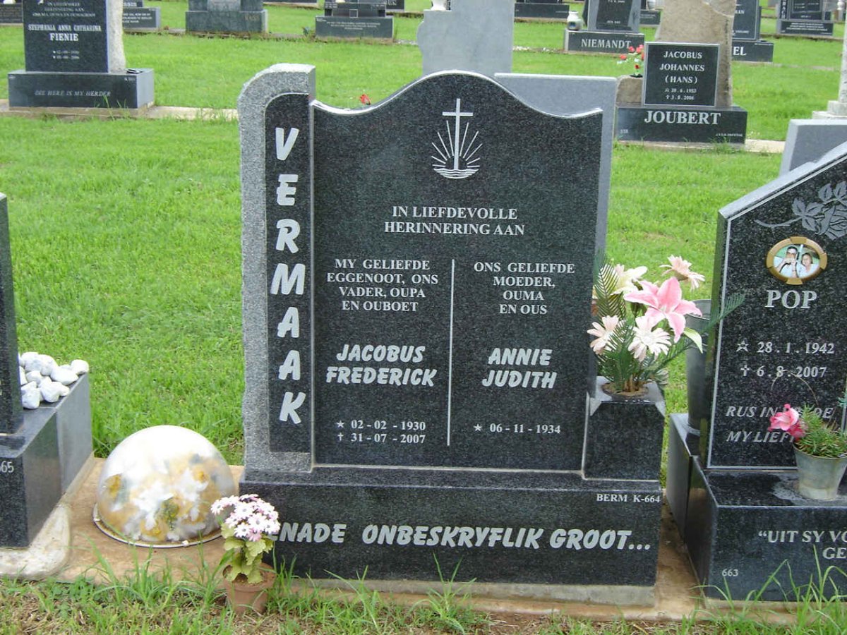 VERMAAK Jacobus Frederick 1930-2007 &amp; Annie Judith 1934-