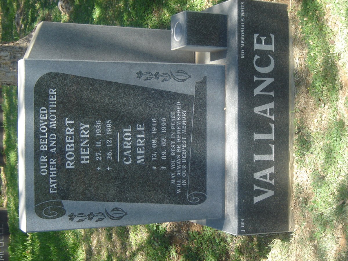 VALLANCE Robert Henry 1936-1995 &amp; Carole Merle 1946-1999