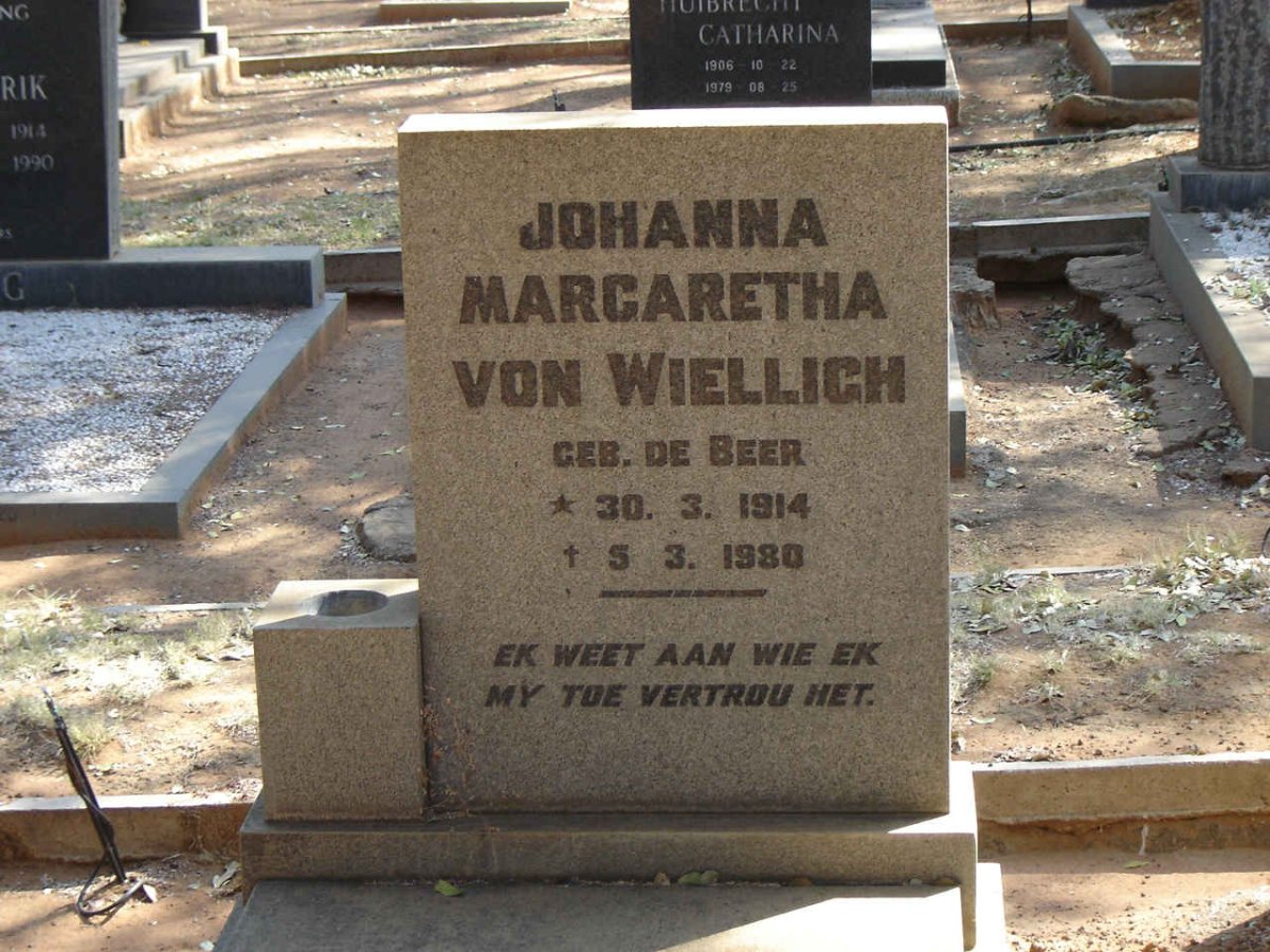 WIELLIGH Johanna Margaretha, von nee DE BEER 1914-1980