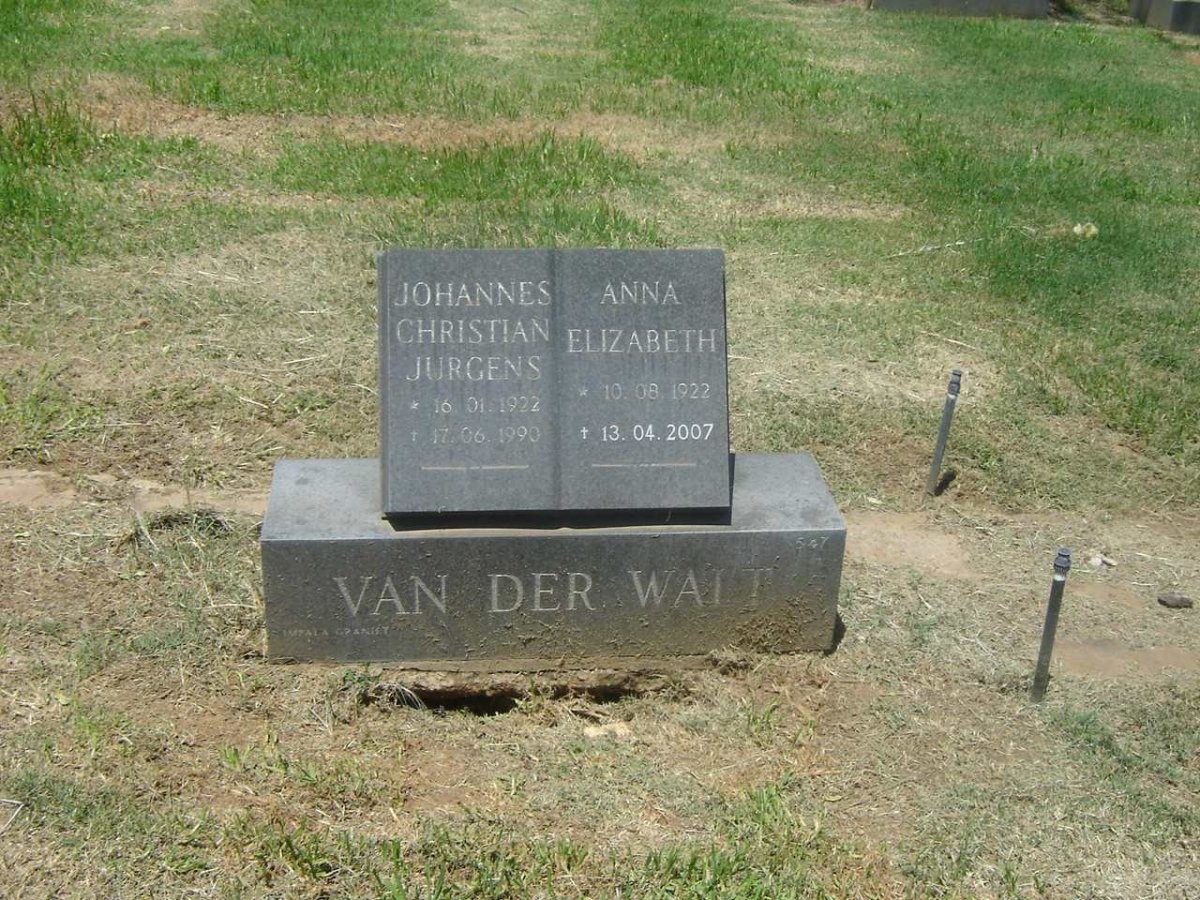 WALT Johannes Christian Jurgens, van der 1922-1990 &amp; Anna Elizabeth VAN DER WALT 1922-2007