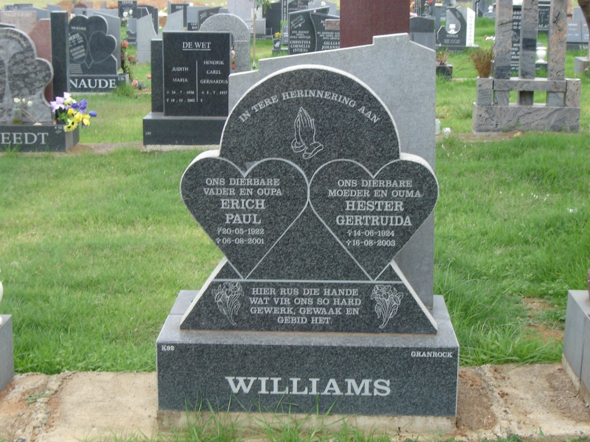 WILLIAMS Erich Paul 1922-2001 &amp; Hester Getruida 1924-2003