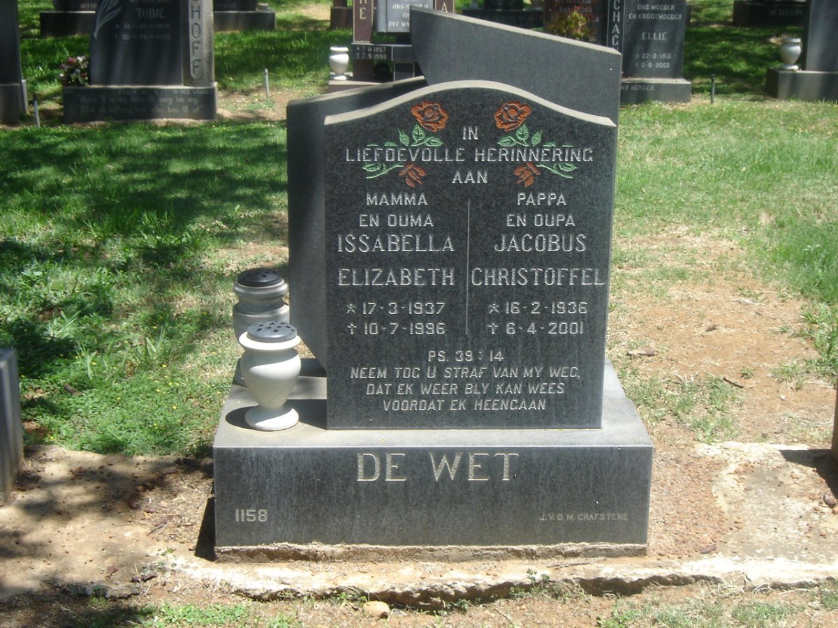 WET Jacobus Christoffel, de 1836-2001 &amp; Issabella Elizabeth 1937-1996