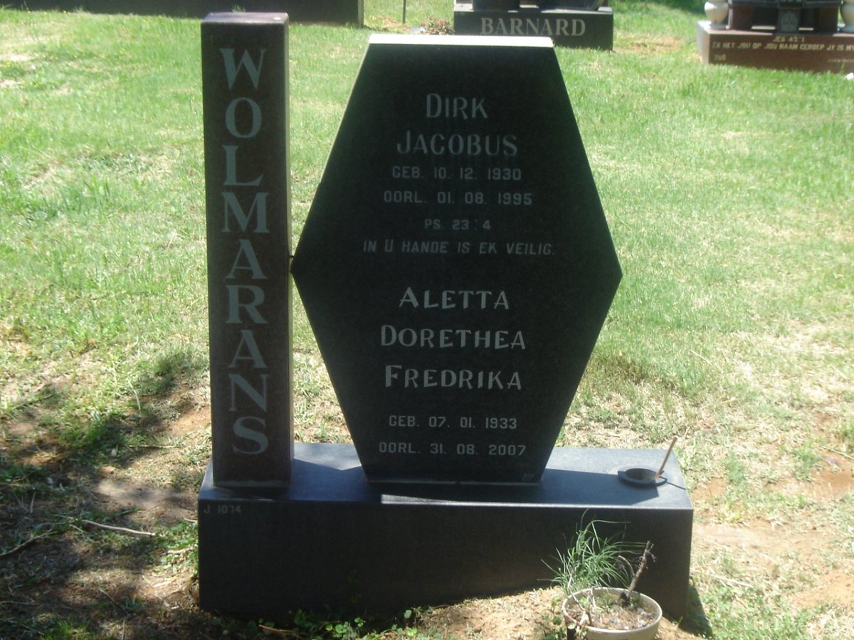WOLMARANS Dirk Jacobus 1930-1995 &amp; Aletta Dorethea Fredrika 1923-2007
