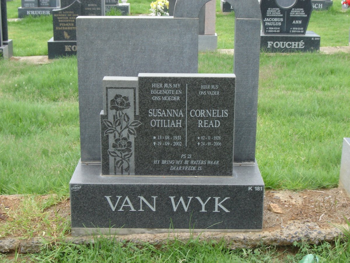 WYK Cornelis Read, van 1928-2006 &amp; Susanna Otiliah 1931-2002