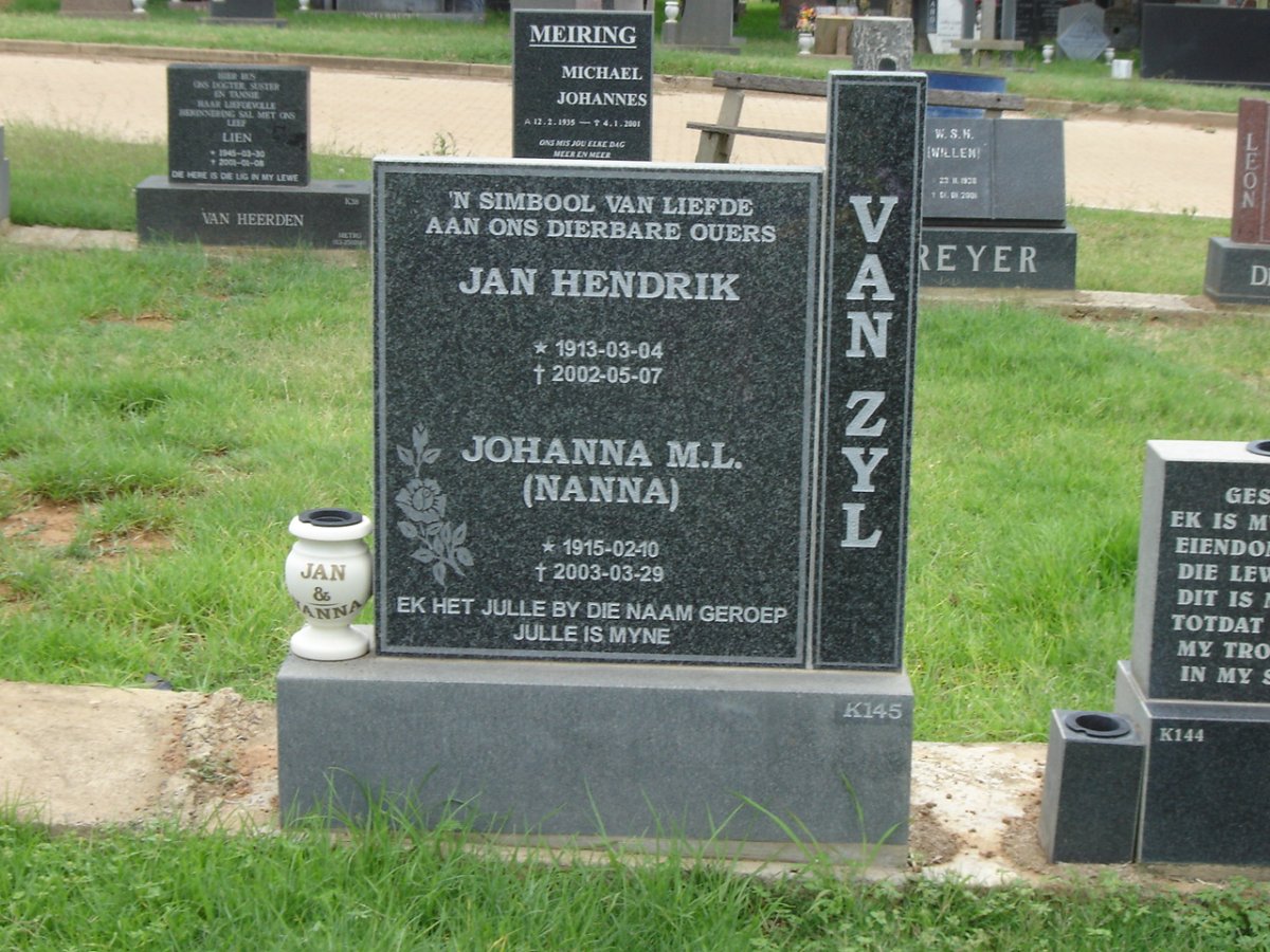 ZYL Jan Hendrik, van 1913-2002 &amp; Johanna M.L. 1915-2003