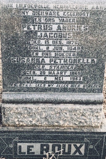 ROUX Petrus Andries Jacobus, le 1876-1949 &amp; Susanna Petronella STANDER 18?5-1963