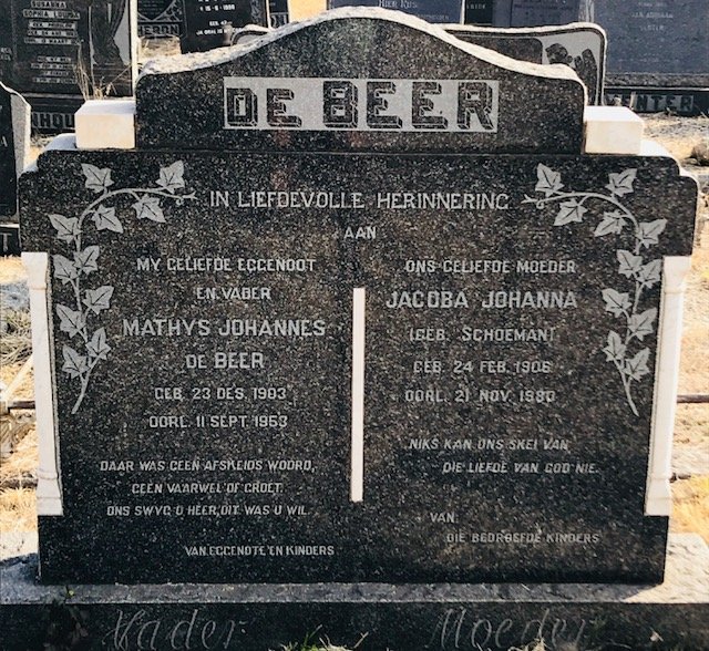 BEER Mathys Johannes, de 1903-1953 &amp; Jacoba Johanna SCHOEMAN 1906-1980