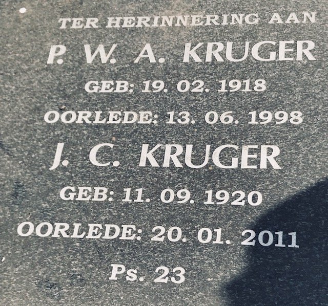 KRUGER P.W.A. 1918-1998 &amp; J.C. 1920-2011