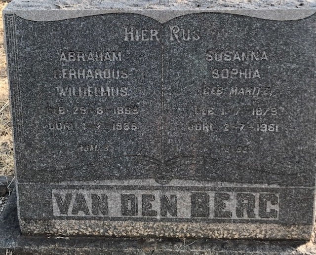 BERG Abraham Gerhardus Wilhelmus, van den 18??-19?? &amp; Susanna Sophia 1879-1961