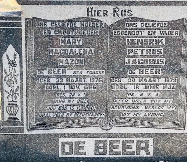 BEER Hendrik Petrus Jacobus, de 1872-1944 &amp; Mary Magdalena Mazon FOUCHE 1876-1965